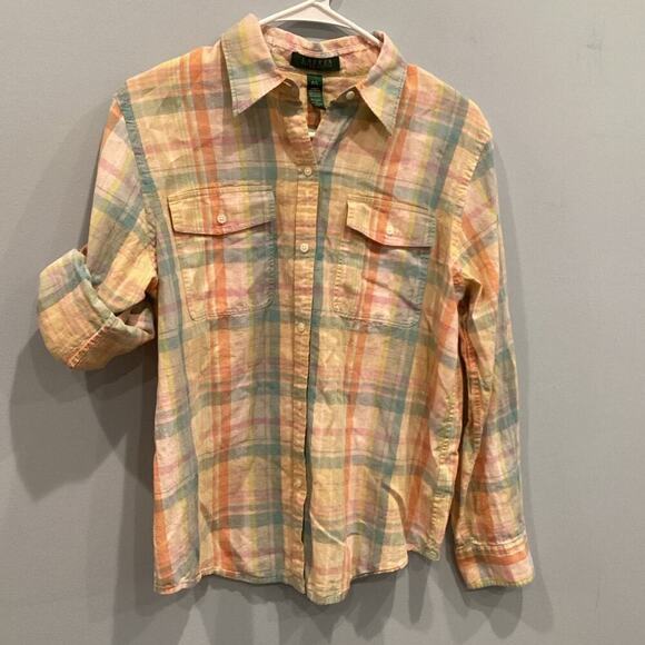 Ralph Lauren Women Linen Blend Button Up Shirt Size LP PL Fisherman Preppy Plaid - Picture 1 of 7